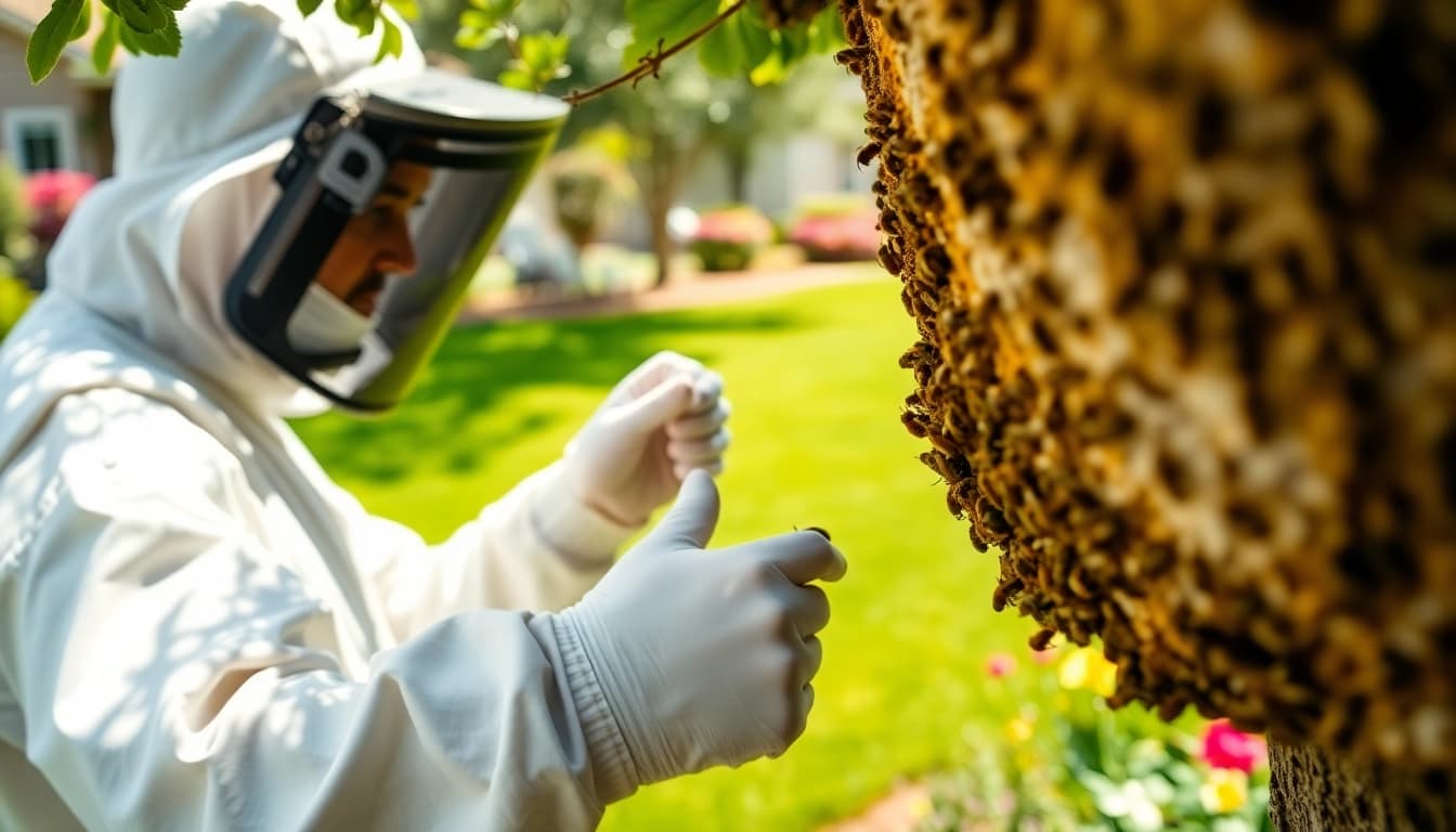 Professionals providing a bee removal service safely extract a hive from a tree.