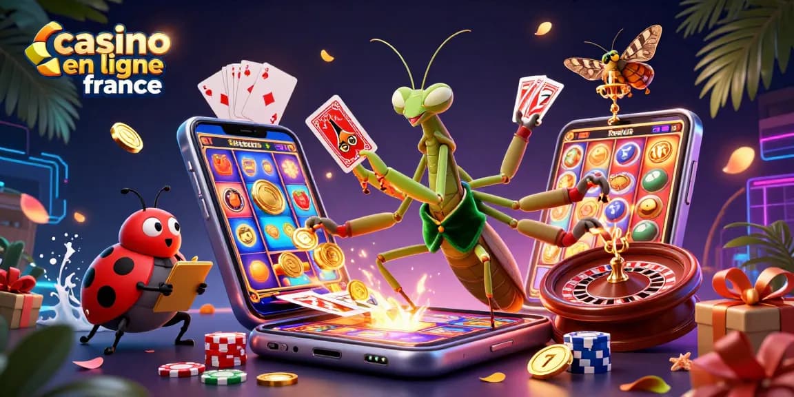 Illustration dynamique représentant "casino en ligne France" avec une mante religieuse et un motif coccinelle, entouré de jeux de casino.