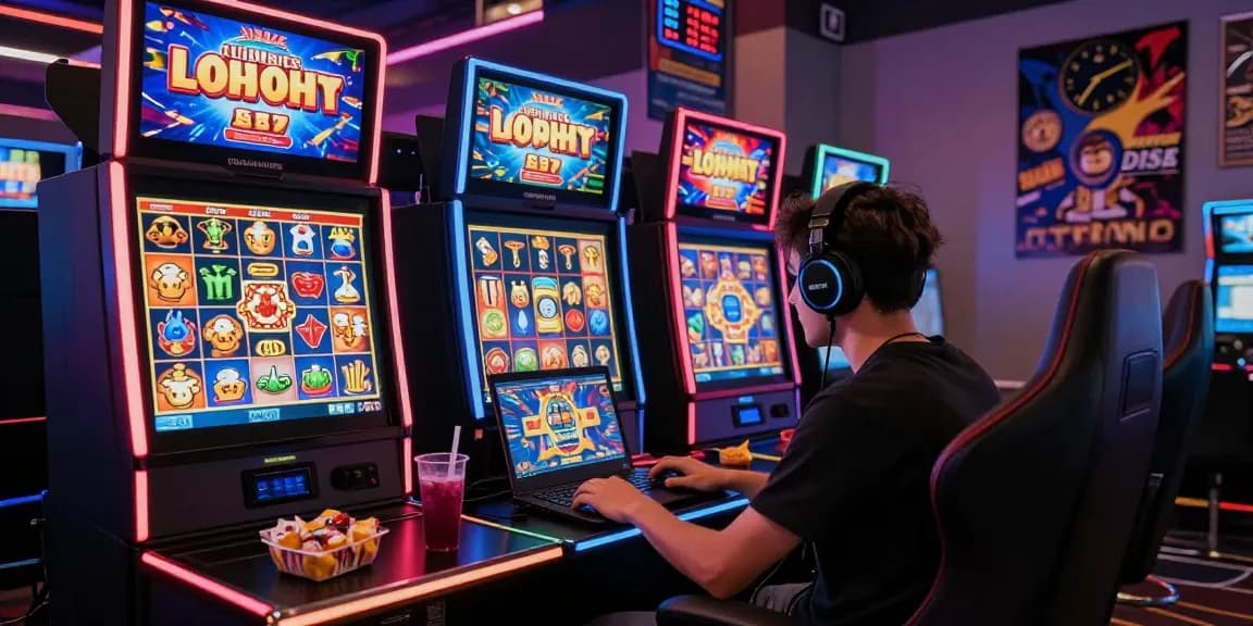 JPTOTO online gaming scene with user playing vibrant slot machines and jackpot notifications.
