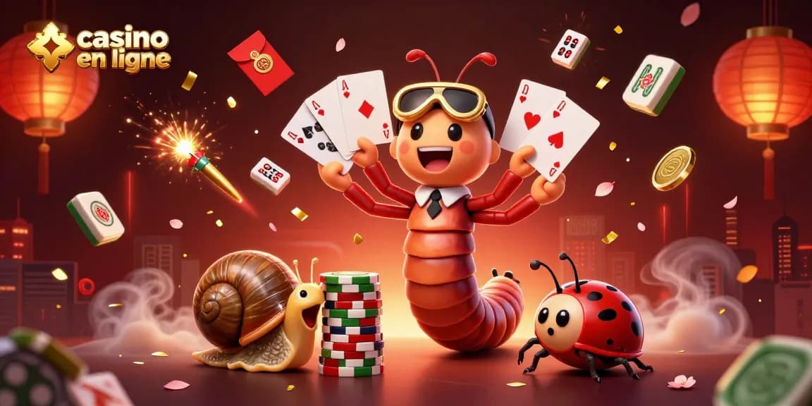 Un casino en ligne animé avec un croupier millipède et un joueur escargot entourés de décorations luxuriantes.