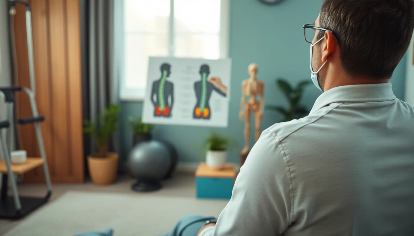 Therapist showcasing back pain remedies to a patient in a calming clinic setting.