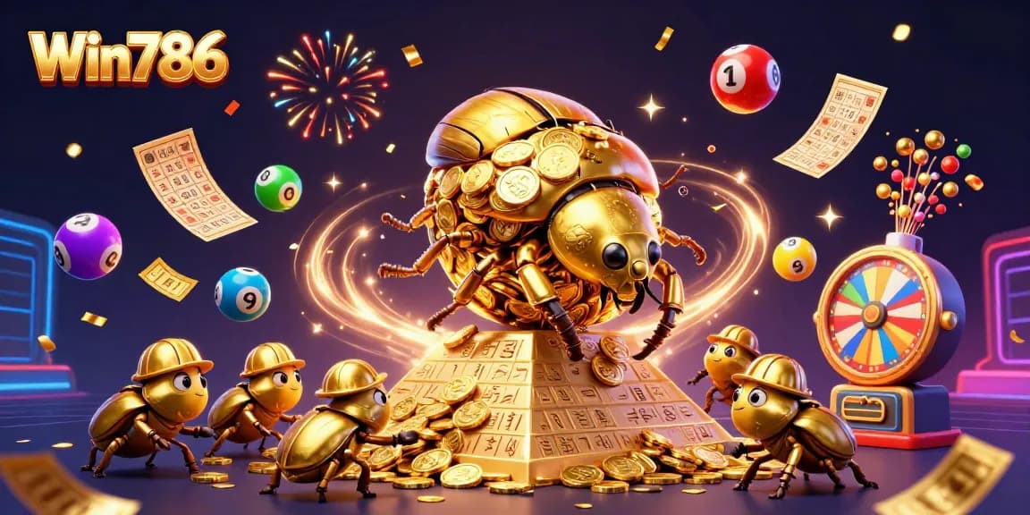 Win786 engages players with exciting bingo and lottery themes in a vibrant casino scene.