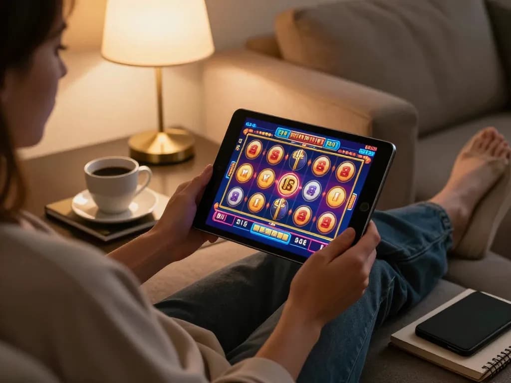 Engaging with FAFA828's online slot games on a tablet, showcasing vibrant gameplay and relaxation