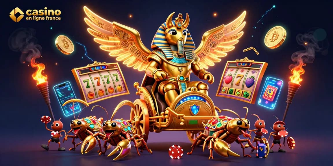 Plongez dans l'univers du casino en ligne France avec cette illustration captivante de personnages et éléments de jeu.