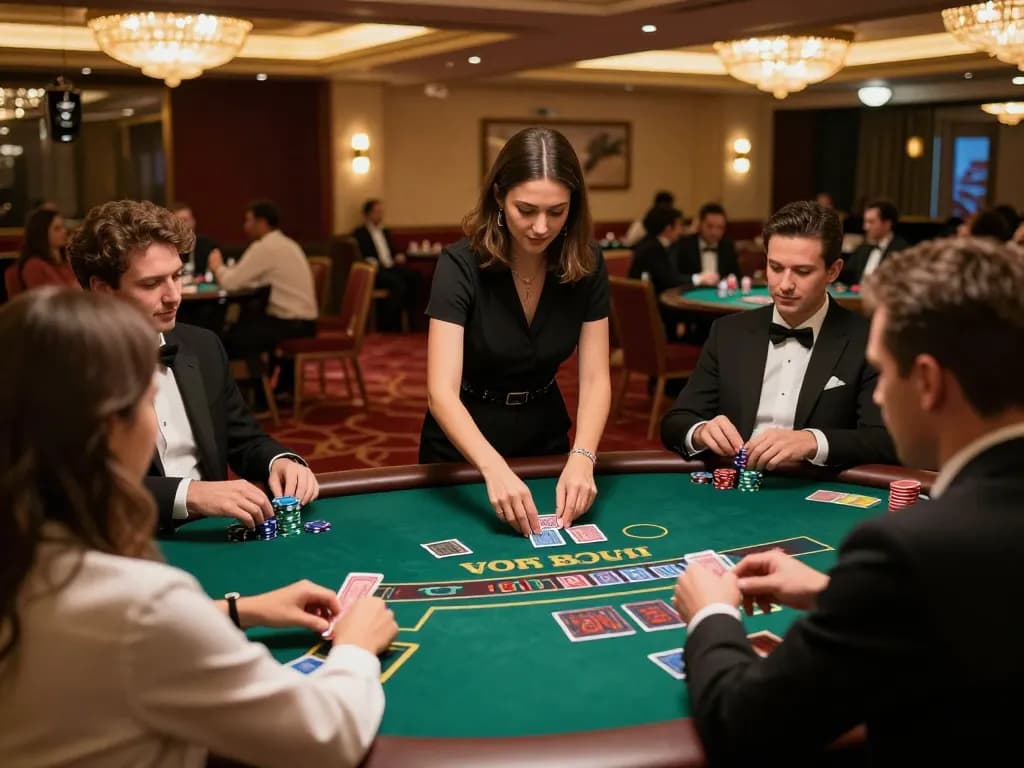 Engaging players at tic88 casino table strategizing their hands in a luxurious gambling atmosphere.