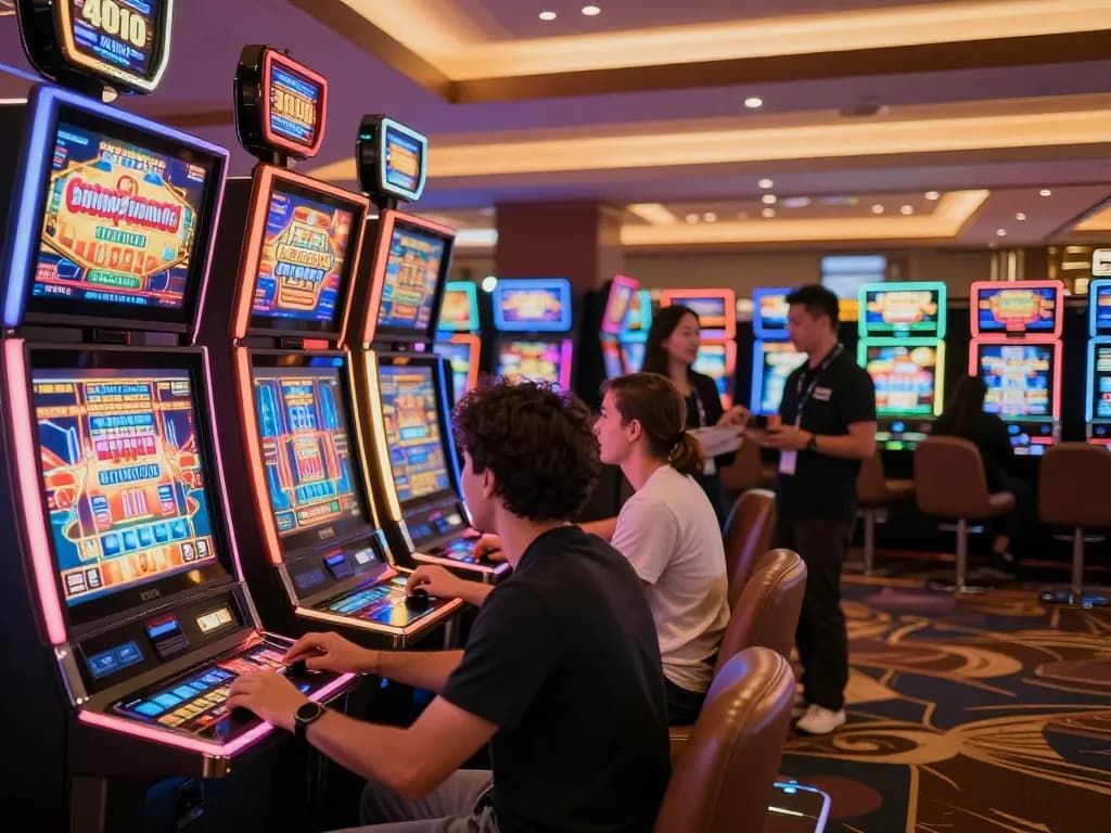 Engaged players enjoying vibrant slot machines at Booster JP casino, showcasing excitement and potential winnings