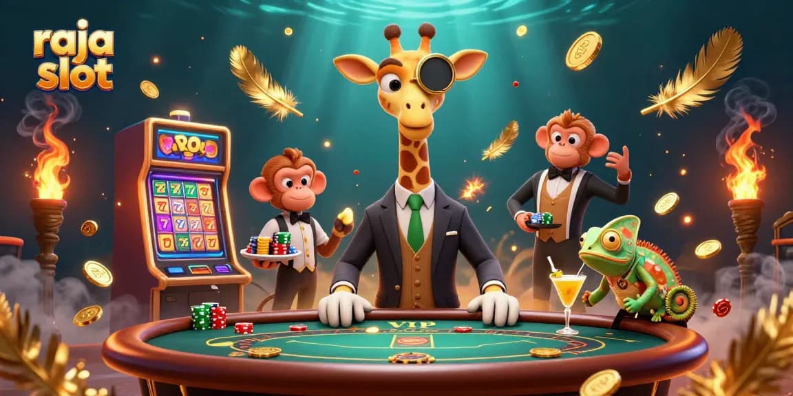 Raja slot menampilkan seekor jerapah bergaya tinggi di meja poker VIP dengan latar belakang kasino glamor.