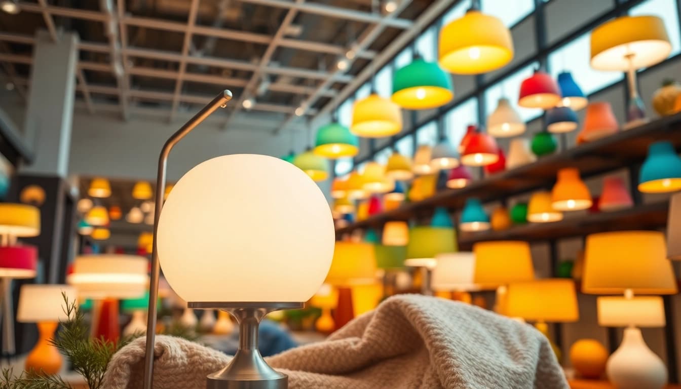 Showcase ELC Lamps Online with variety of modern designs in lively showroom setting.