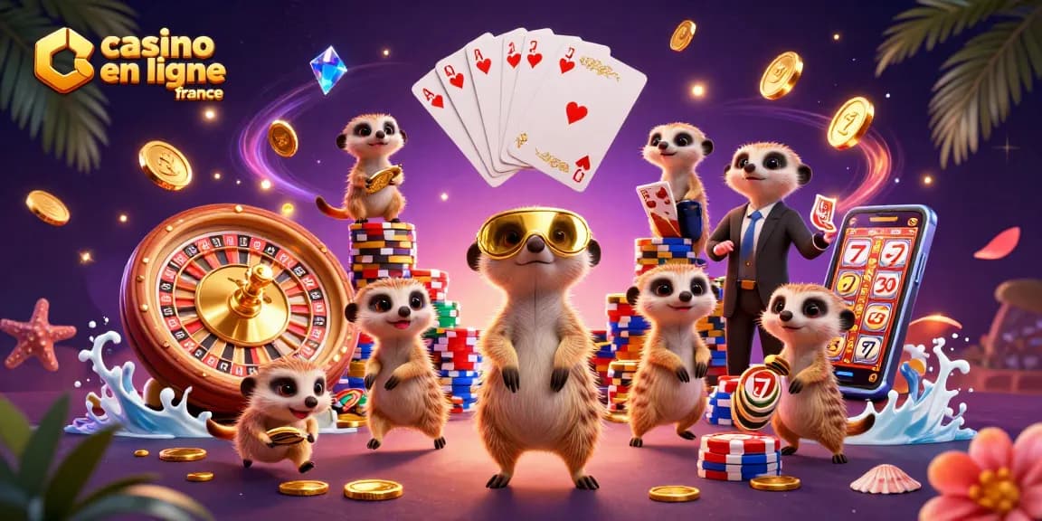 Les meerkats gèrent un casino en ligne France avec des pièces d'or et des cartes à jouer.