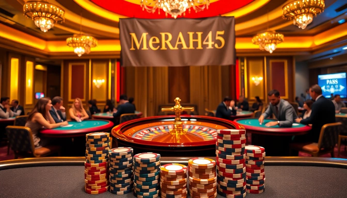 Players engaged at a bustling casino table showcasing MERAH45's thrilling experience with poker and roulette.