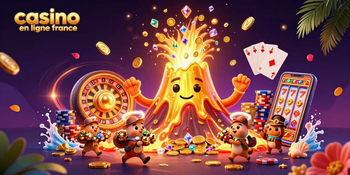 Une illustration dynamique du casino en ligne France avec un volcan doré et des trésors de jeu.
