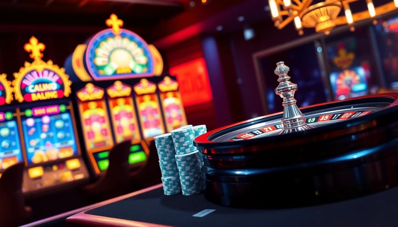 Experience the excitement of Trang Chủ Kuwin with vibrant online casino visuals showcasing slot machines and poker elements.
