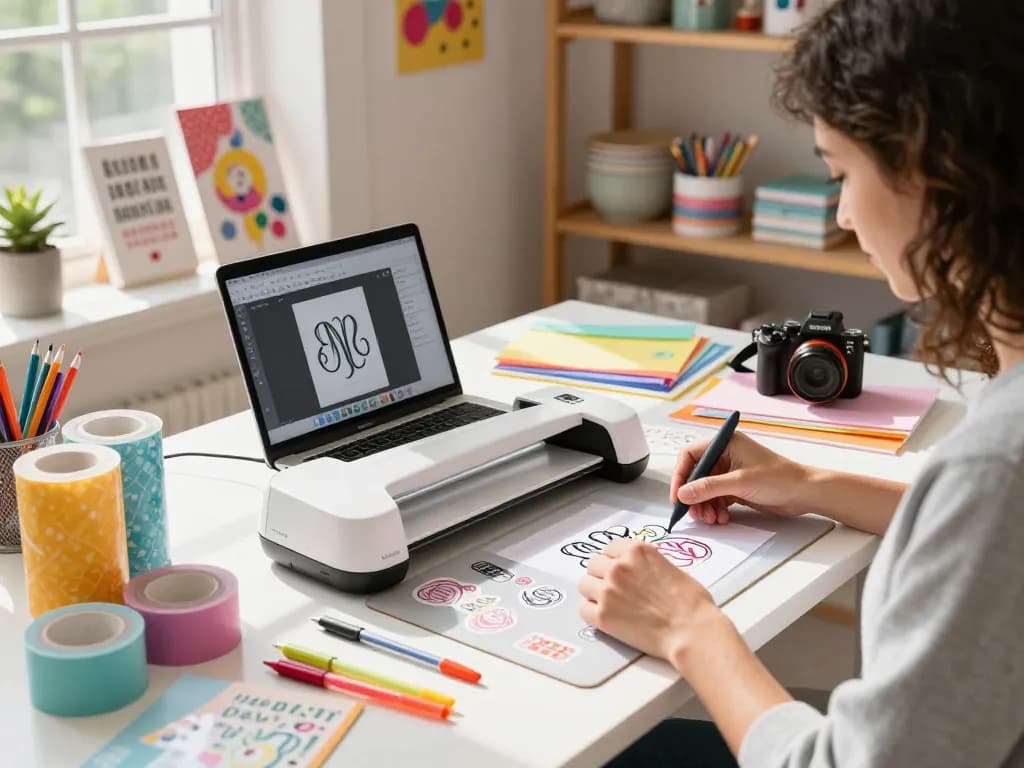 Craft enthusiast designing personalized stickers in Cricut Design Space with colorful supplies and tools.