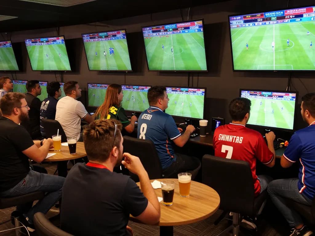 Bóng đá lu fans passionately engaging in sports betting, cheering around live match screens.
