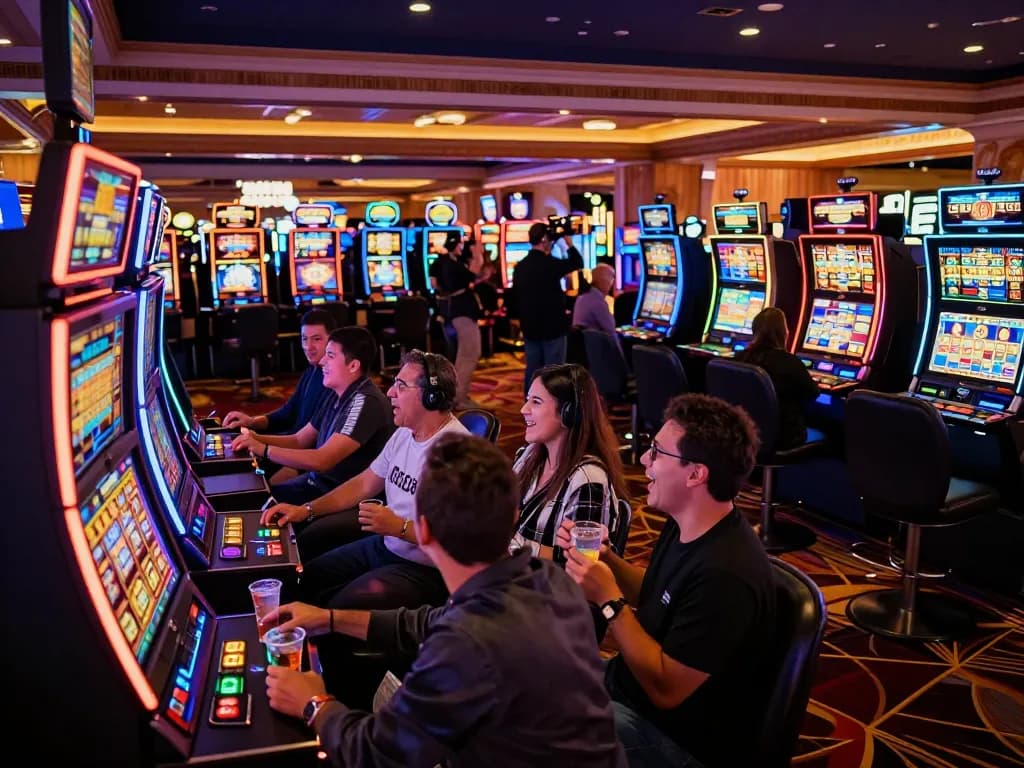 Players enjoying thrilling slot77 gameplay in a vibrant Vegas casino with neon lights.
