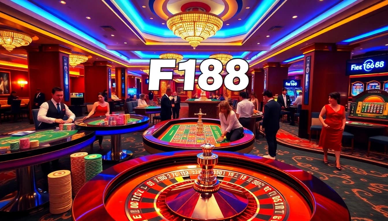 Excited players engaging at the F168 casino tables, surrounded by colorful chips and a roulette wheel.