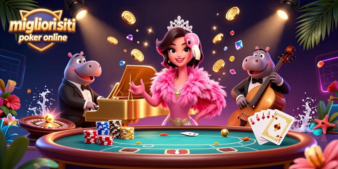 Migliori siti poker online: l'illustrazione mostra un tavolo da poker dinamico con cartoni animati in 3D e gettoni volanti.
