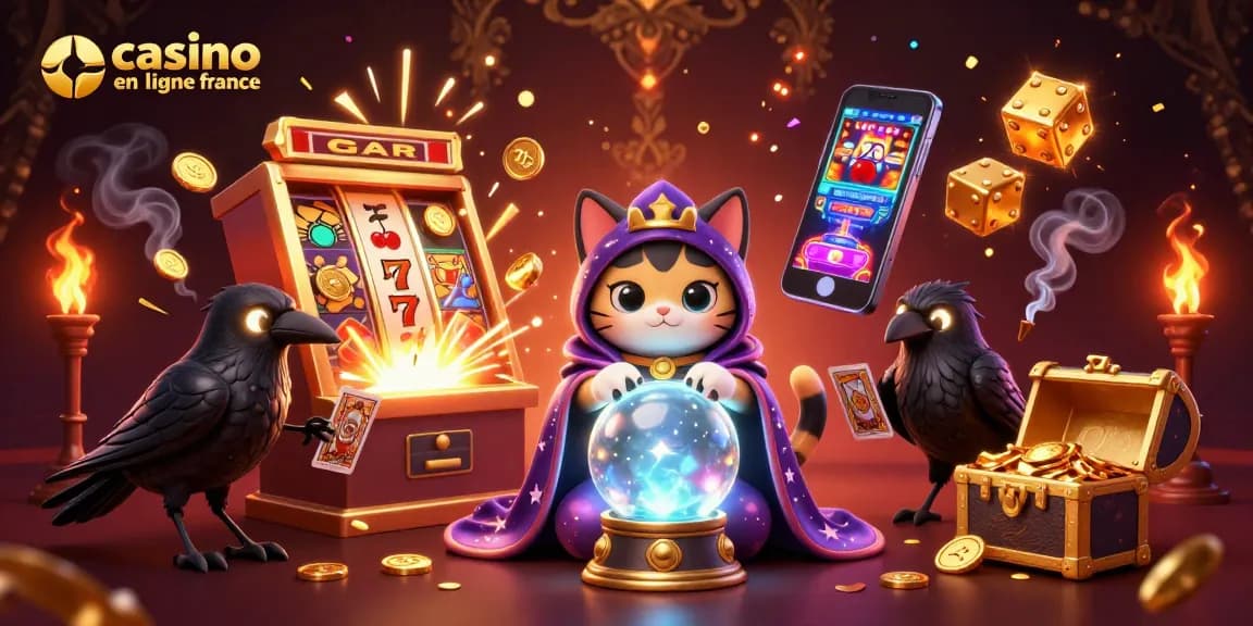 Gagnez au casino en ligne France avec une image captivante de machines à sous et symboles chanceux.