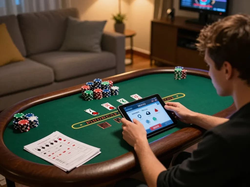 Player engaged in online blackjack gameplay at https://www.mnm88.com/, showcasing immersive at-home gambling setup with tablet and chips.