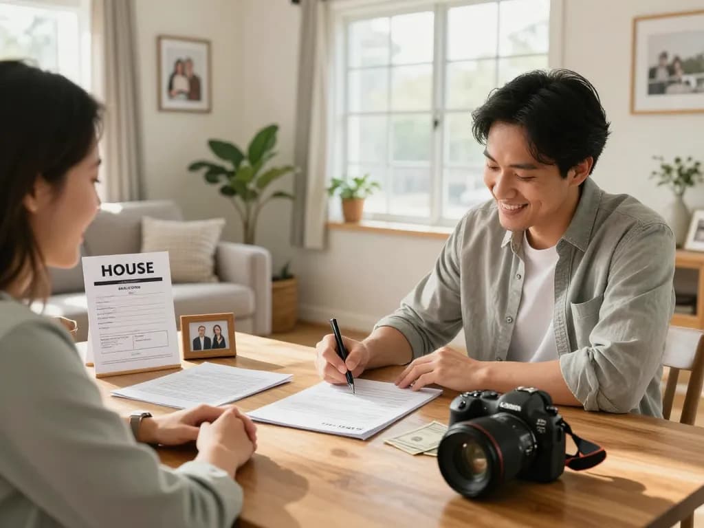 Sell my house fast for cash agreement in a cozy living room with a smiling homeowner and buyer.