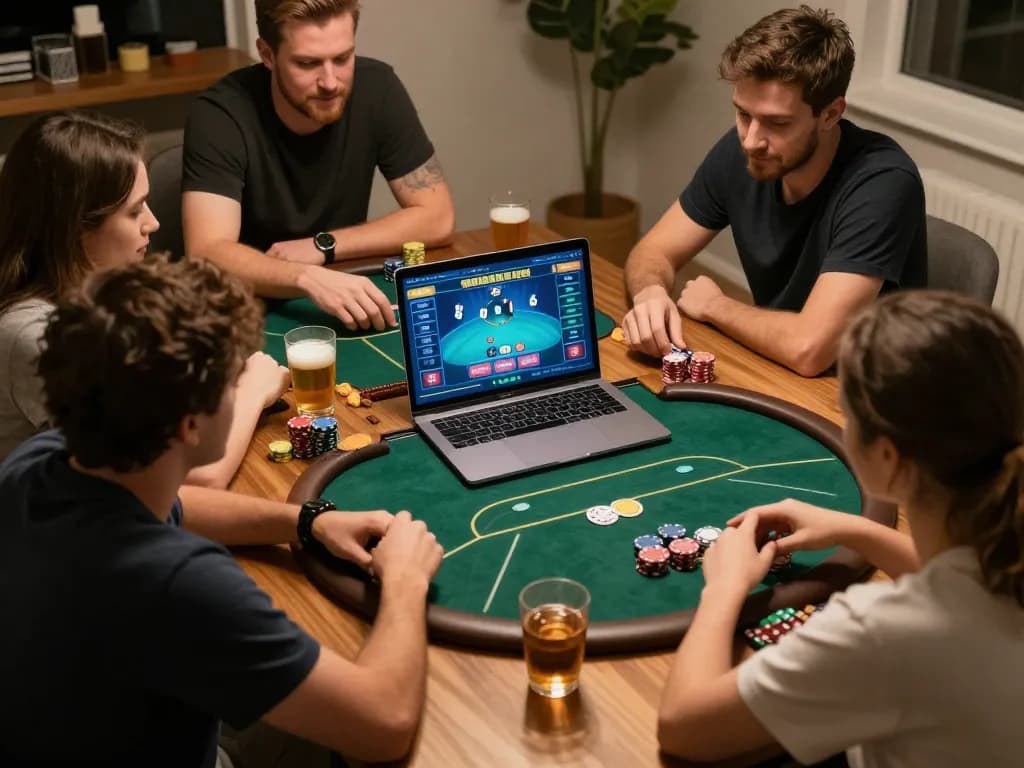 Players enjoying an online poker game at home through https://n188.build/, showcasing dynamic interaction and ambiance.