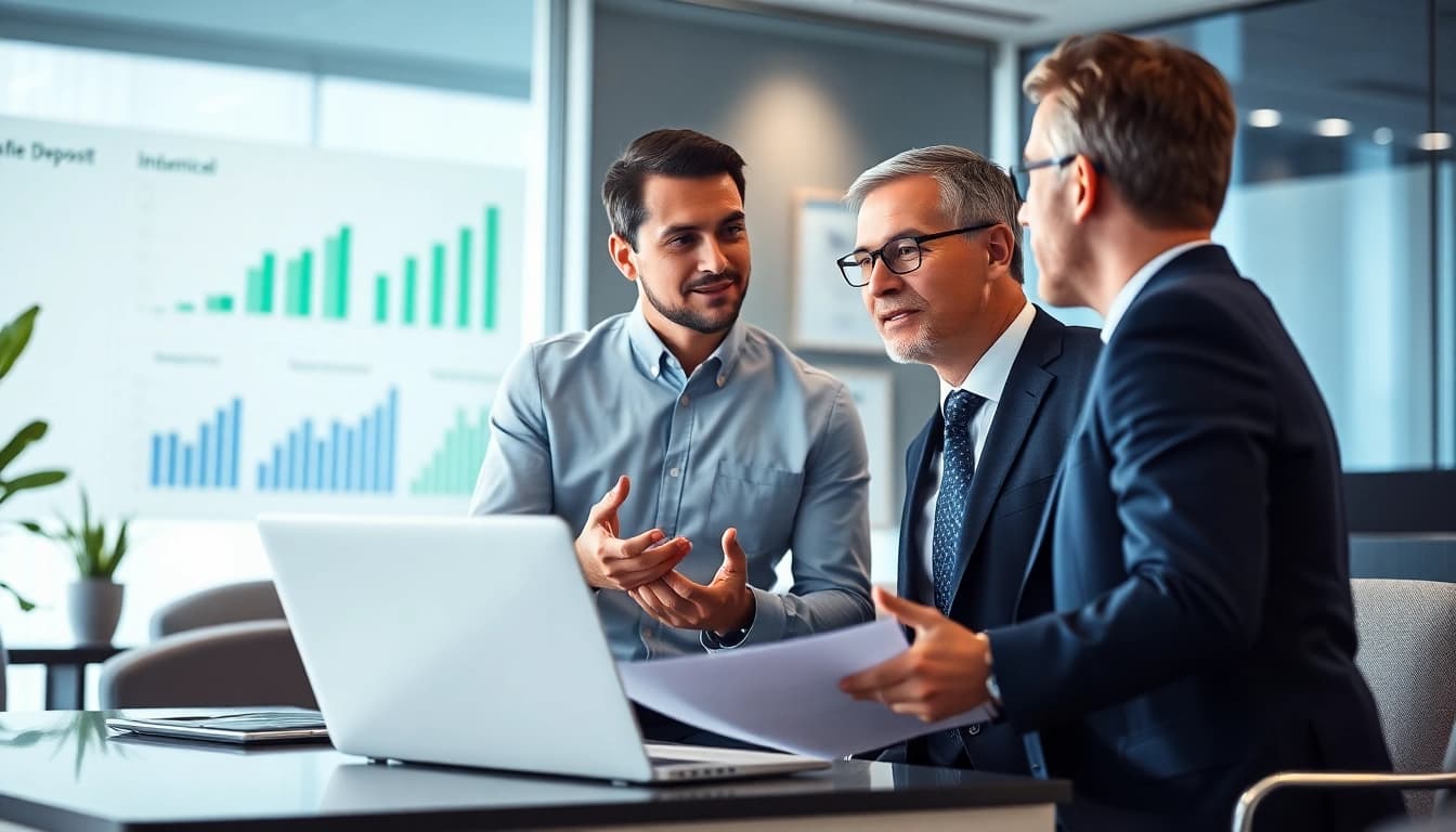 Membahas strategi investasi deposit 1k dengan penasihat di dalam kantor modern.