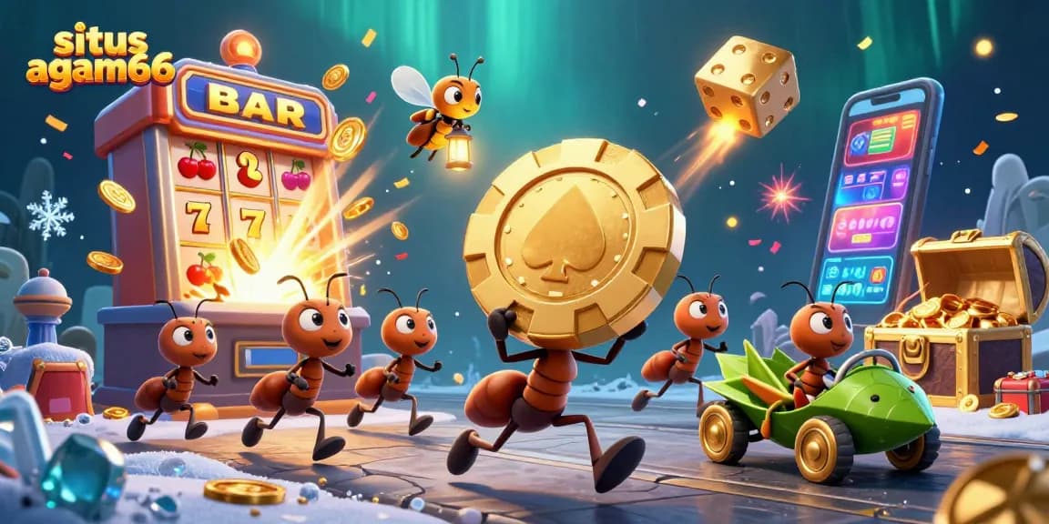 Experience thrilling gameplay at situs agam66, where cartoon ants pull off a heist with a golden poker chip amidst vibrant casino elements.