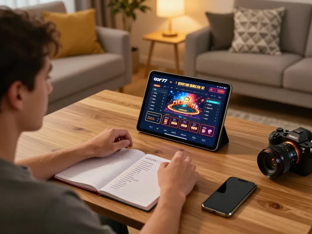 Player engaging with the gori77 online casino on a tablet in a warm home setup.