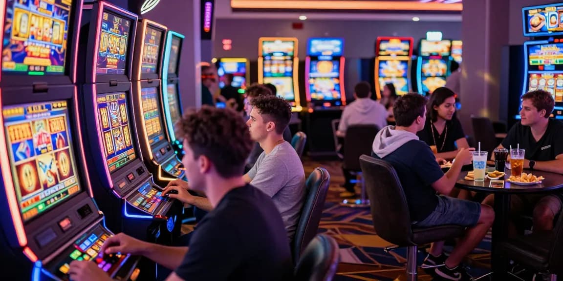 Exciting slot gaming scene with diverse players engaging in colorful casino atmosphere.