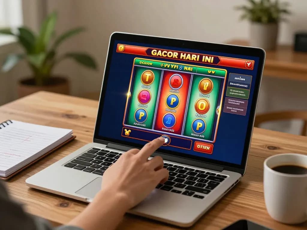 Playing slot gacor hari ini online with excitement, showcasing a hand about to press the spin button on a vibrant slot interface.