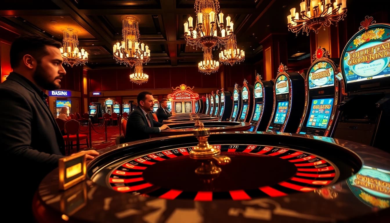 Aksi seru bermain situs toto di kasino dengan mesin slot dan pemain yang bersemangat.