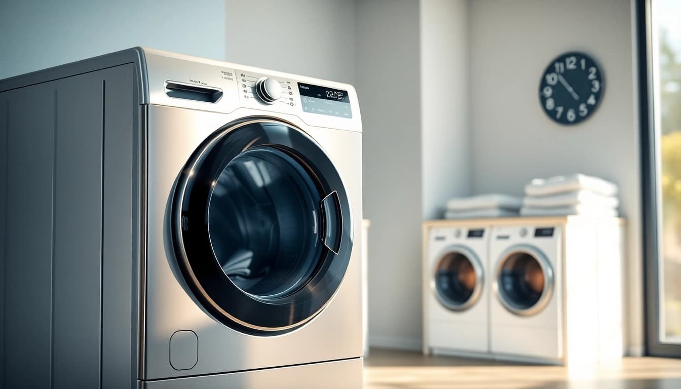 Showcase of a high-efficiency laundry machine in a contemporary setting with a stainless steel finish