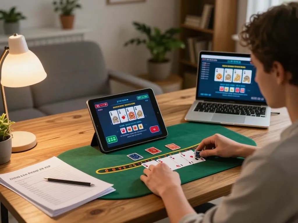 Experience LV88 online blackjack gaming with strategic notes and tablet interface in cozy home setting