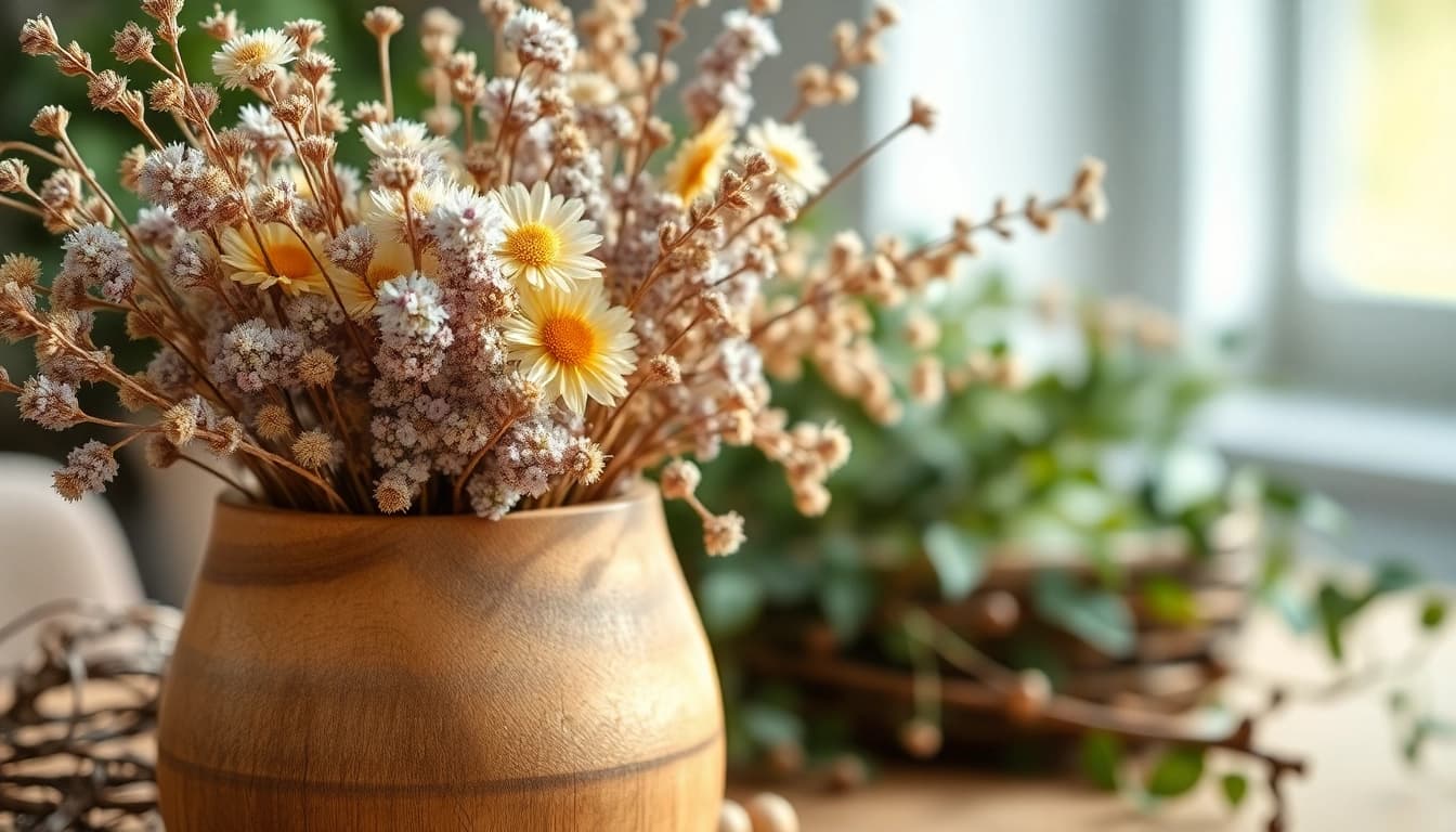 Dried flowers showcased in a rustic vase, highlighting their vibrant colors and natural textures.