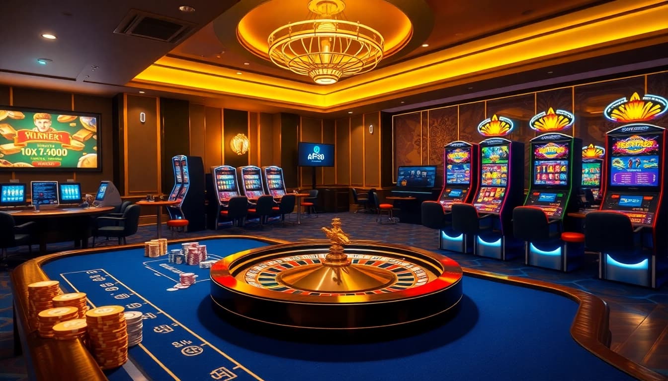 Experience high-stakes gaming at AF88 com with dynamic casino visuals of poker tables and slot machines.