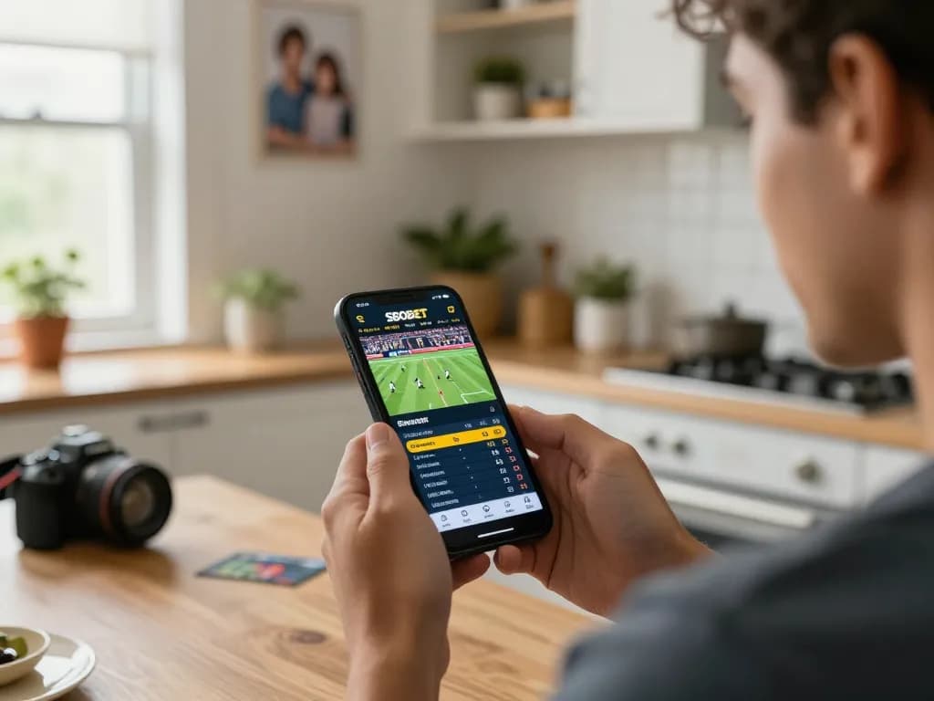 SBOBET user engaging in sports betting on smartphone in lively home atmosphere.