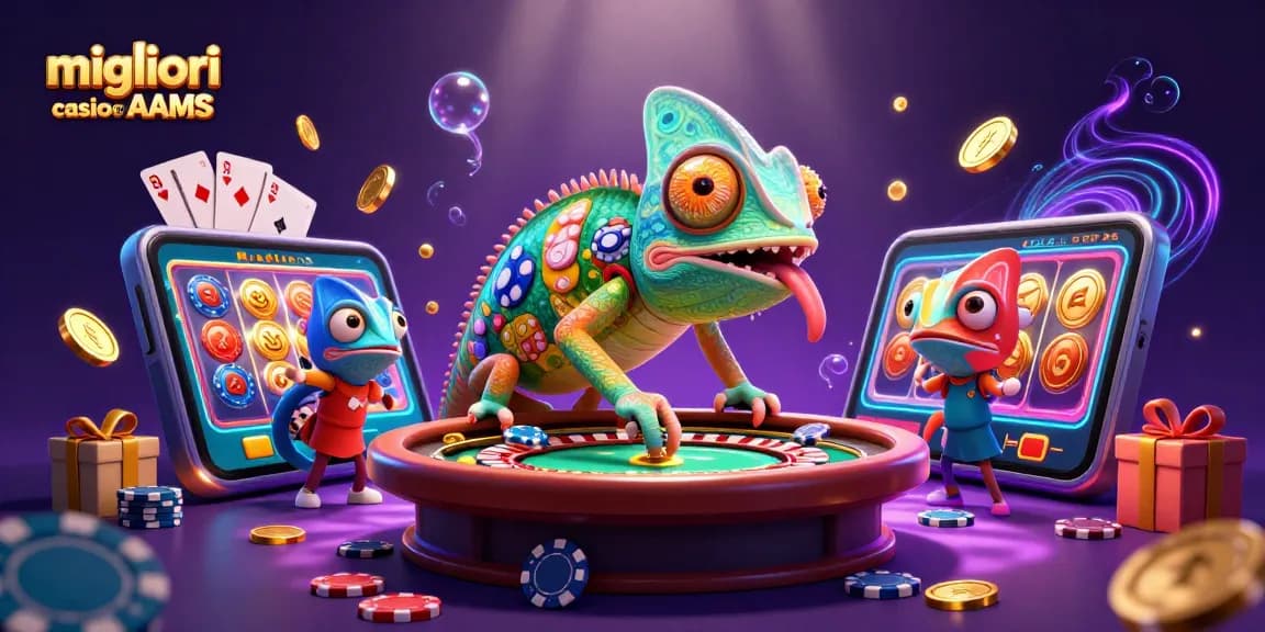 Immagine dei migliori casino non AAMS con un camaleonte 3D proprietario che osserva un tavolo da roulette e una sala da poker.