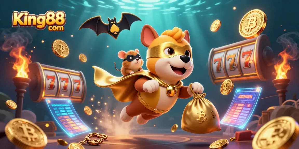 Engage with King88 com in a vibrant, action-packed scene of a superhero dog and hamster amidst exciting casino elements.
