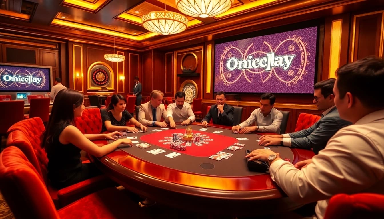 Experience thrilling poker action at Onicplay with colorful chips on a luxurious casino table.