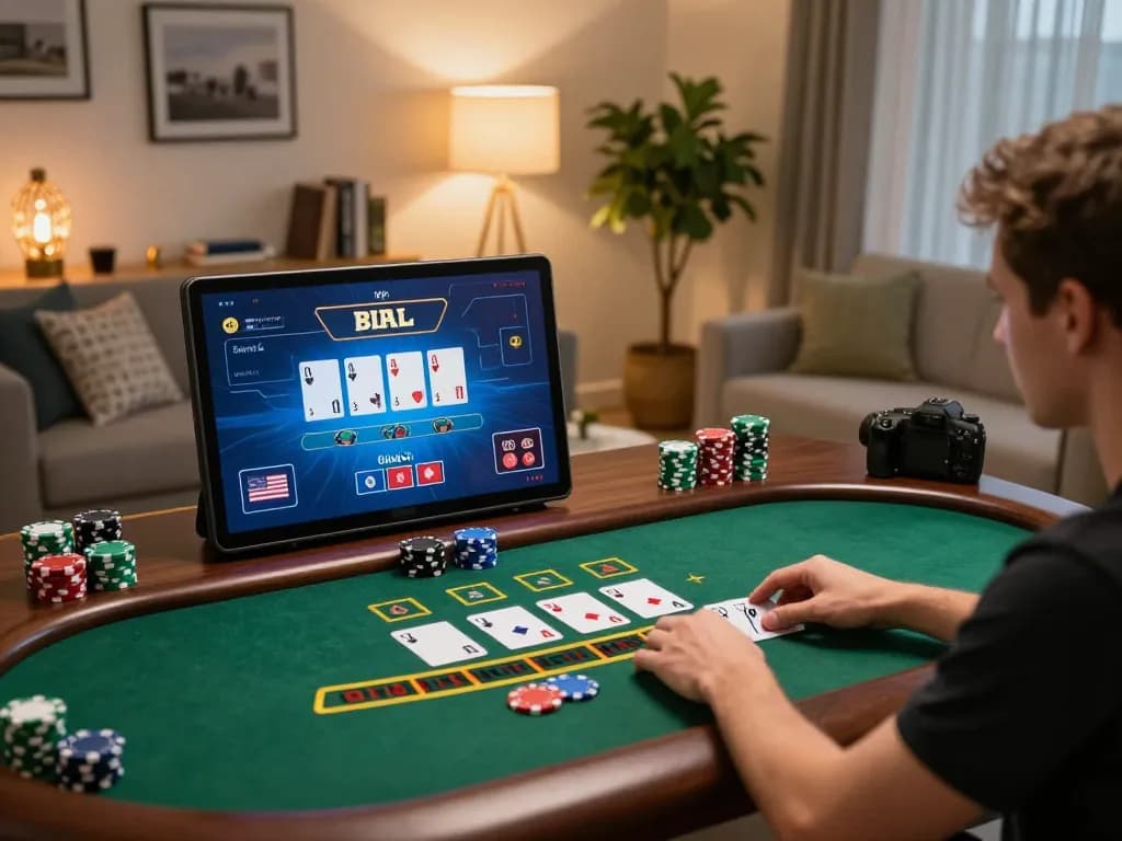 Player enjoying a live dealer blackjack game at home on tablet with g28 interface in focus
