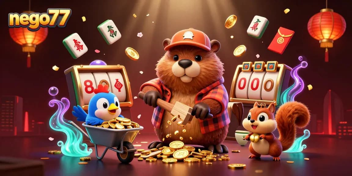 Nego77 showcases a vibrant 3D scene where a cartoon beaver collects golden coins, symbolizing exciting gameplay.