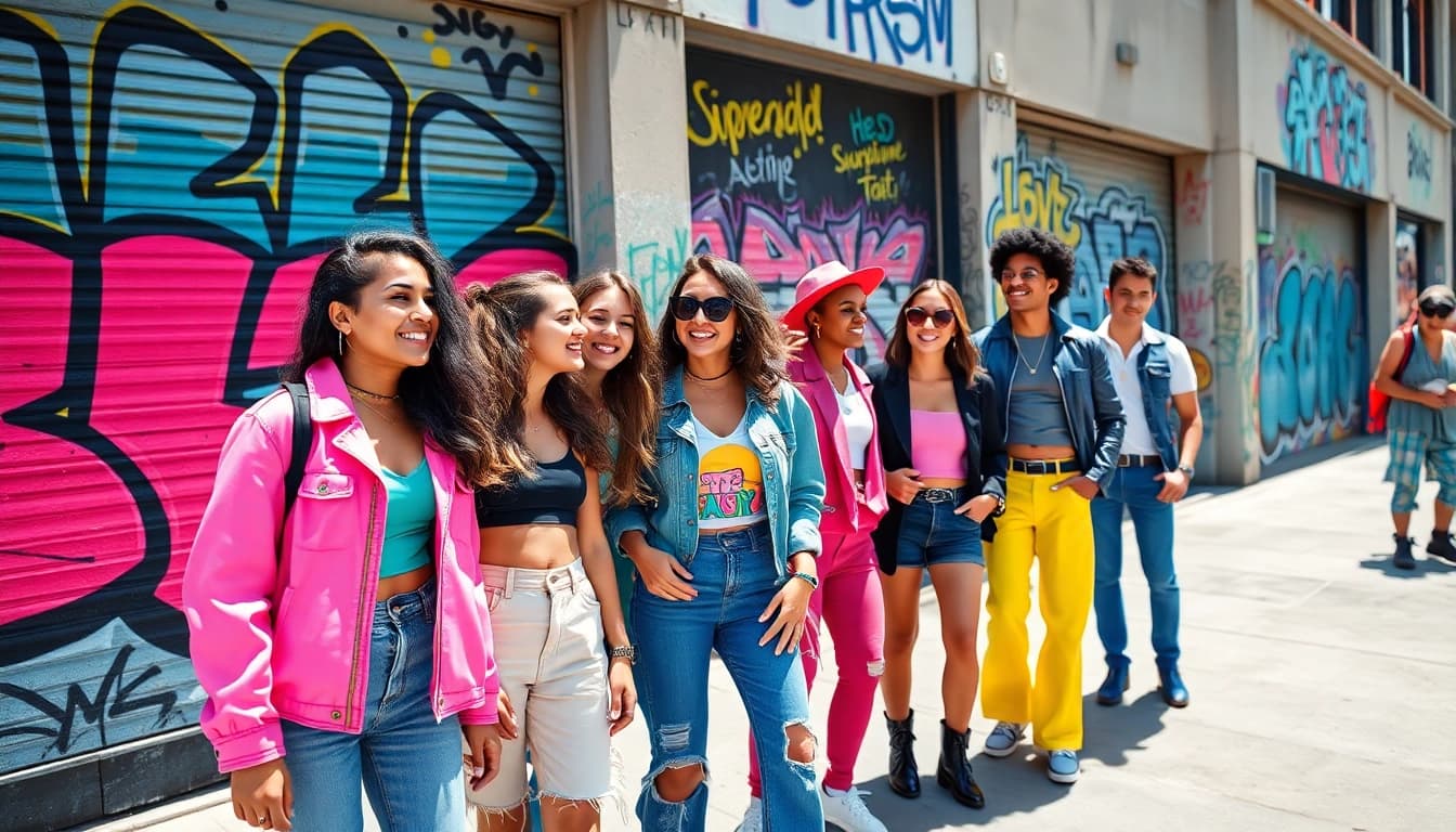 Fashion-forward individuals showcasing vibrant street styles against an urban backdrop.