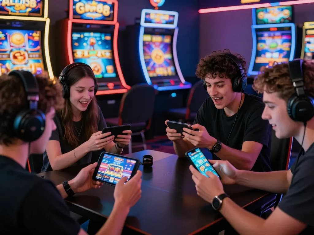Players enjoying Go88 online gaming experience on mobile devices in a vibrant virtual casino.