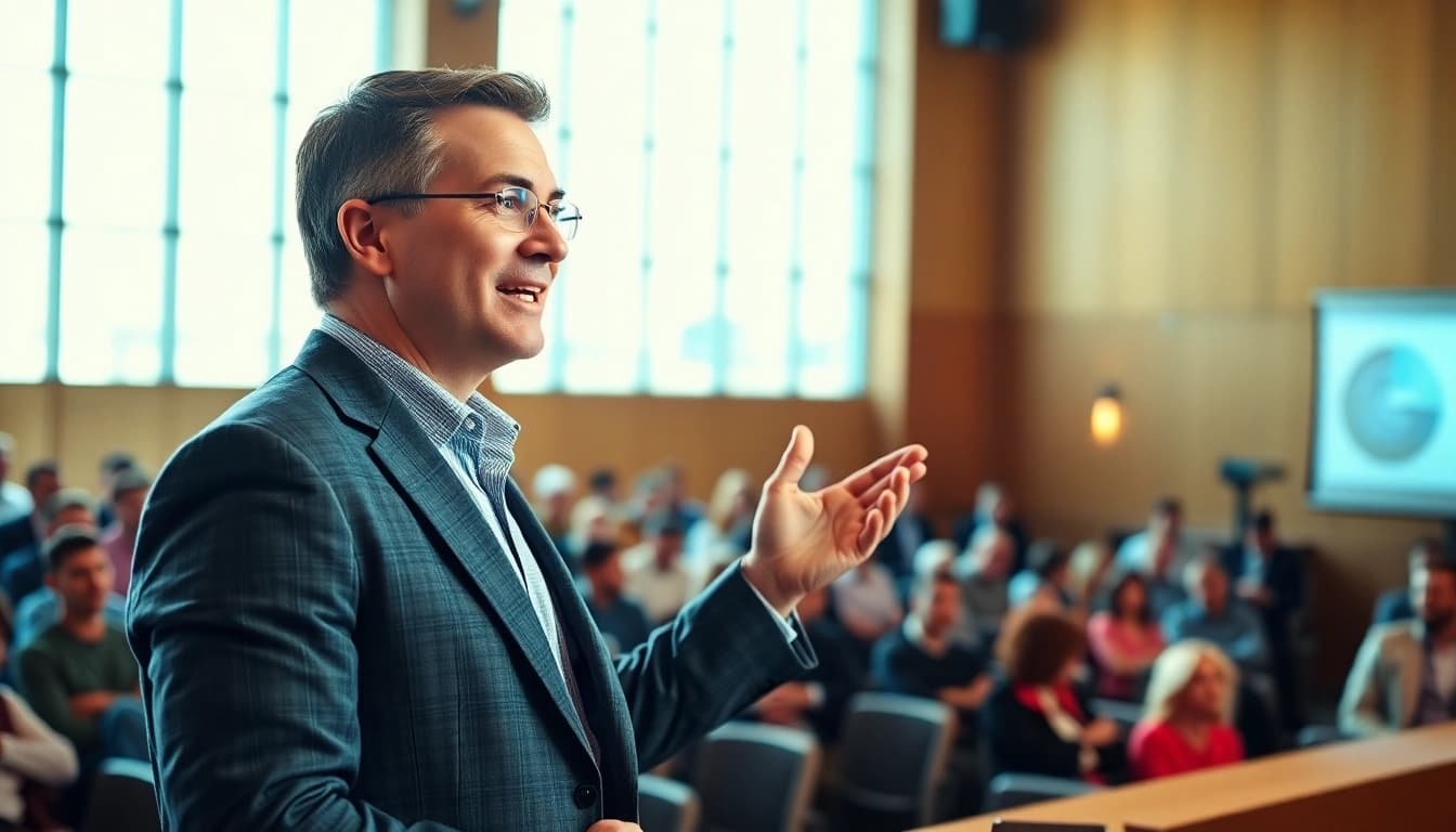 Public Speaking Coach captivating audience with energetic presentation.