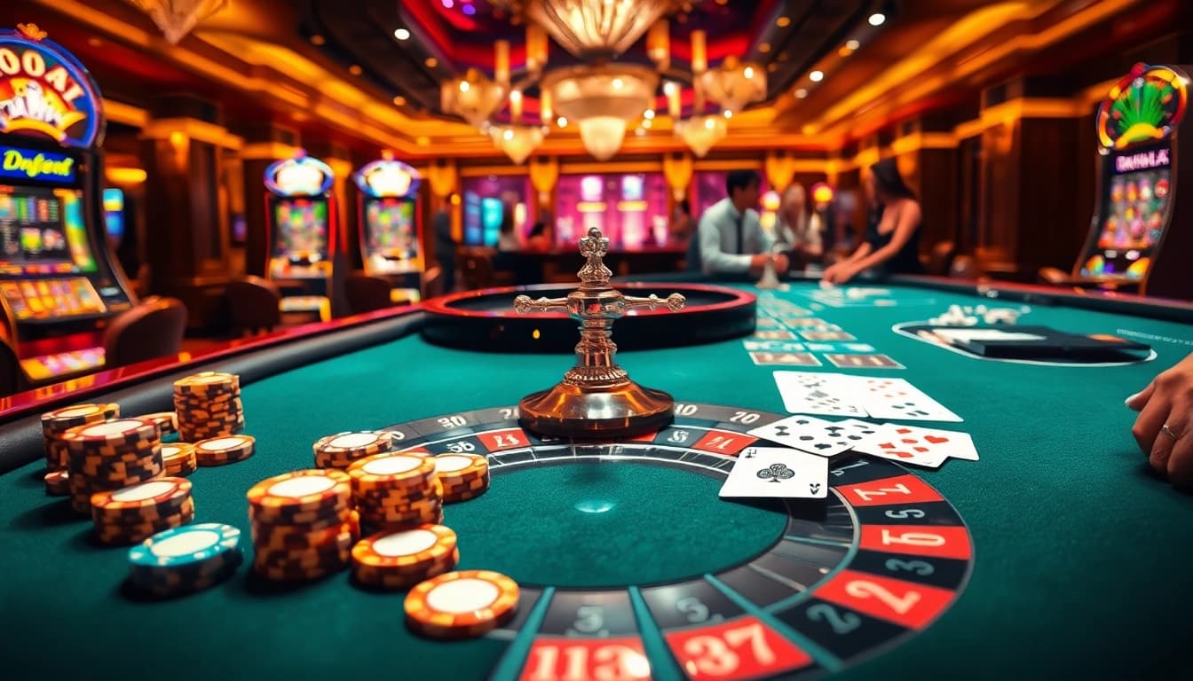 Mega excitement fills the casino with players at roulette and vibrant slot machines.