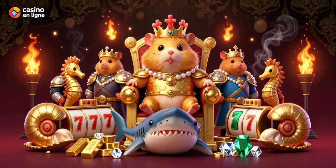 Illustration dynamique d'un roi hamster en or sur un trône de dent de requin, représentant le casino en ligne.