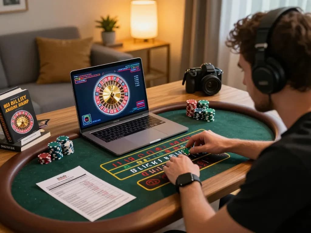 Player engaging in gem88 roulette game on laptop in cozy home office