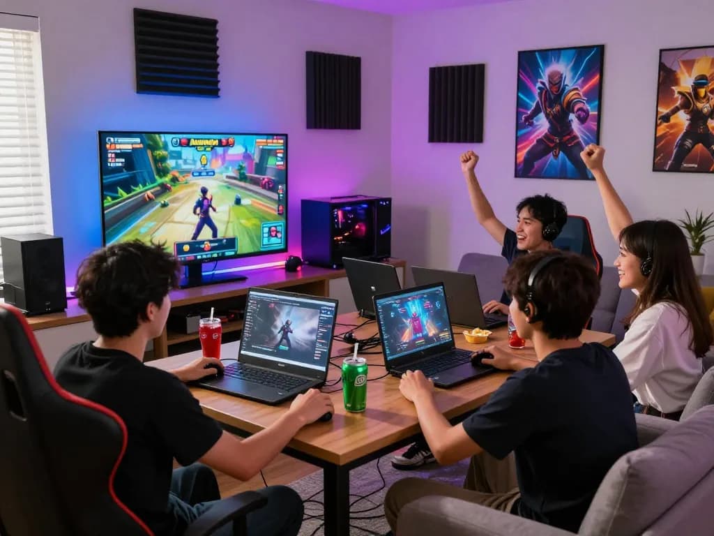 Exciting Autowin88 gaming scene with friends celebrating their online wins.