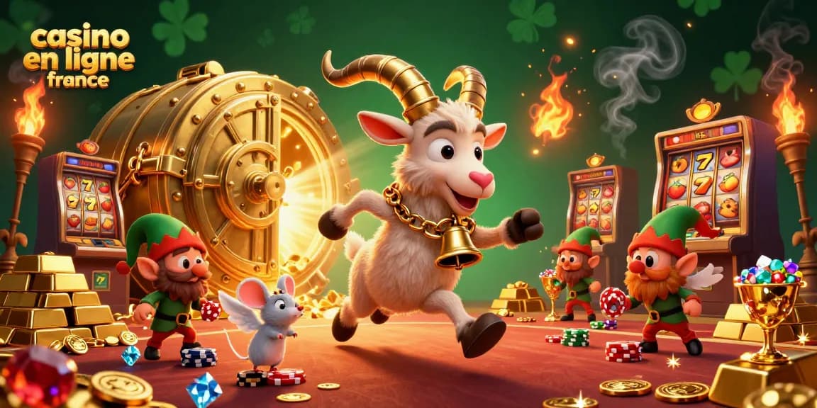 Illustration festive d'un casino en ligne en France avec Krampus et des gremlins volants, ambiance complexe et jeux d'argent.