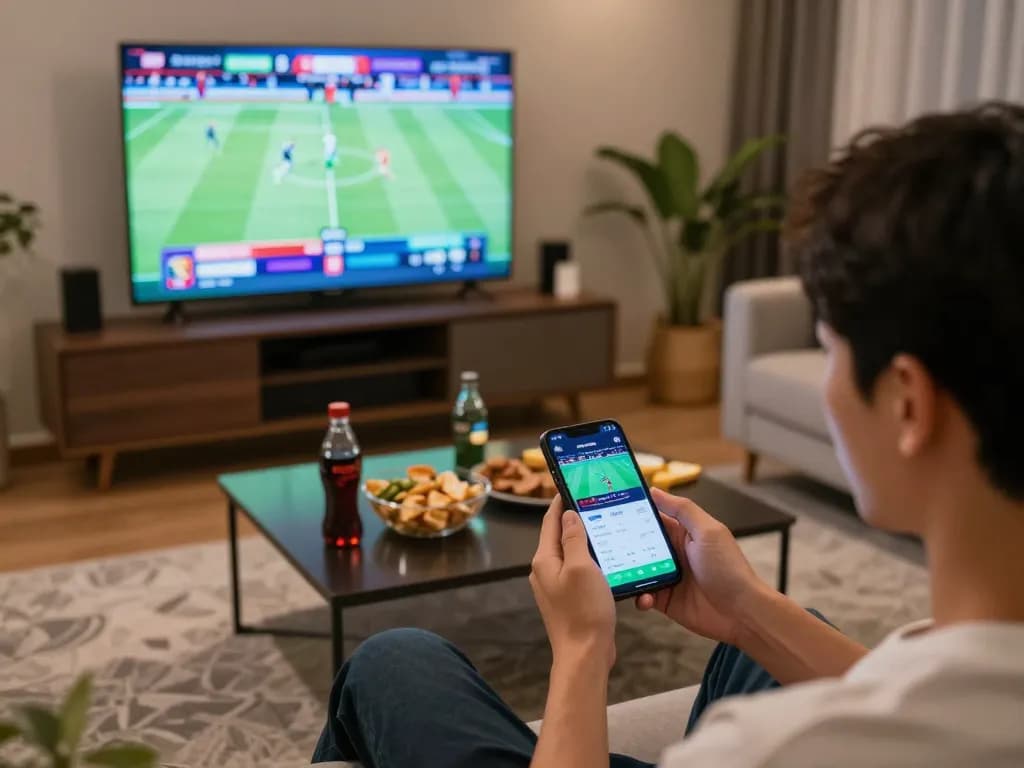 Kèo nhà cái sports betting enthusiast checking live odds on smartphone while watching game excitement at home.